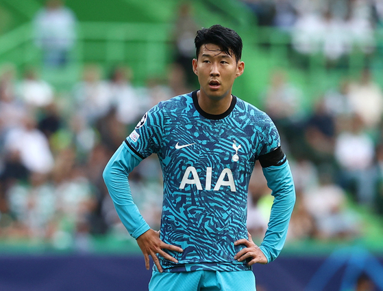 Tottenham Hotspur's Son Heung-min, wearing a black armband following the death of Britain's Queen Elizabeth II, reacts during a game against Sporting at Estadio Jose Alvalade in Lisbon on Tuesday. [REUTERS/YONHAP]