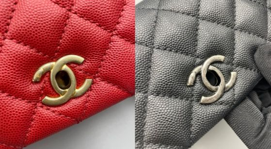 A knockoff bag, left, and a genuine luxury bag, right, have slightly different logos. [YOO JI-YOEN]