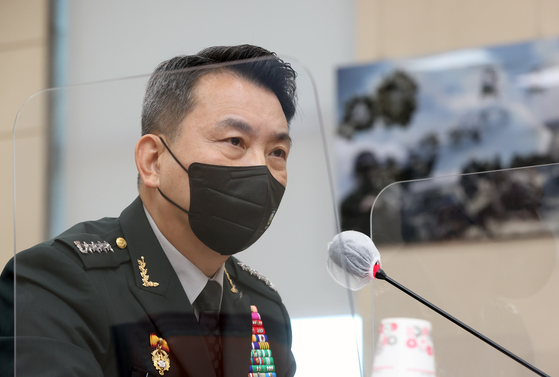 Joint Chiefs of Staff (JCS) Chairman Gen. Kim Seung-kyum speaks during a parliamentary session at the National Assembly in Seoul on Monday. [YONHAP]
