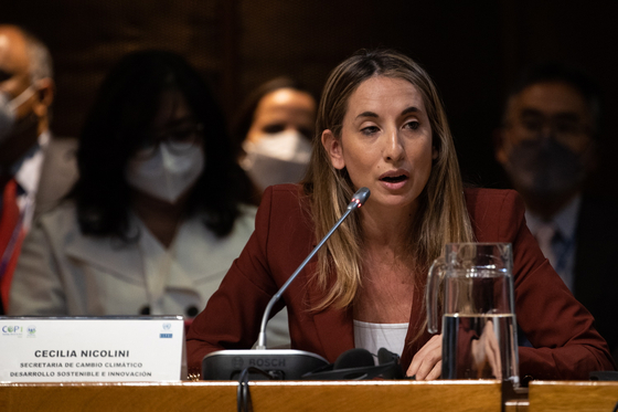 Nicolini speaks during the first meeting of the Conference of the Parties to the Escazu Agreement, at the headquarters of the Economic Commission for Latin America and the Caribbean, in Santiago, Chile, on April 20. The Escazu Agreement is the first environmental pact in the region and the first in the world to include provisions on the rights of environmentalists. [EPA/YONHAP]