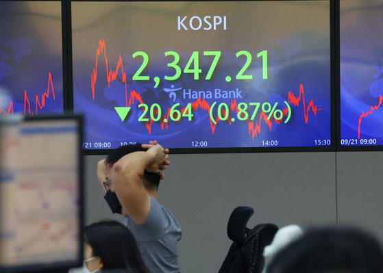 A screen in Hana Bank's trading room in central Seoul shows the Kospi closing at 2,347.21 points on Wednesday, down 20.64 points, or 0.87 percent, from the previous trading day. [YONHAP]