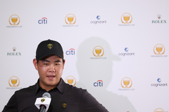 Kim Joo-hyung talks to media during a press conference prior to the 2022 Presidents Cup at Quail Hollow Country Club on Tuesday in Charlotte, North Carolina. [PGA TOUR]