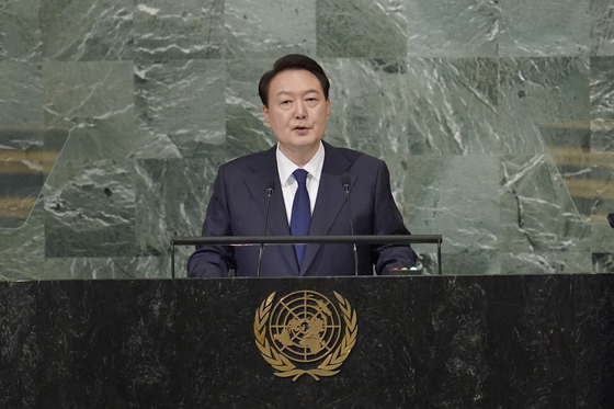 Korean President Yoon Suk-yeol delivers his first address to the UN General Assembly in New York on Tuesday. [AFP/YONHAP]