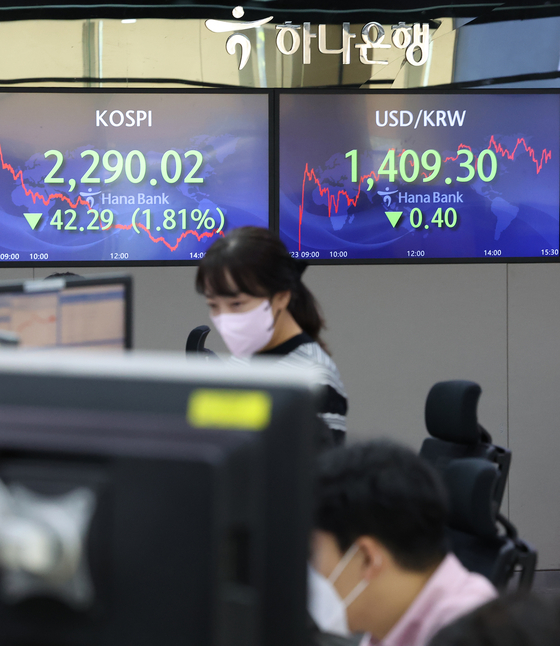 An electronic display at a dealing room in Hana Bank in central Seoul shows won closing at 1,409.30 won when the market closed Friday. [YONHAP]