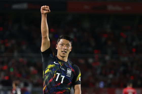 Hwang Hee-chan celebrates after scoring the opening goal for Korea against Costa Rica at Goyang Stadium in Goyang, Gyeonggi on Friday.  [NEWS1]