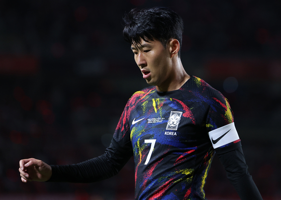 Son Heung-min reacts during a game against Costa Rica at Goyang Stadium in Goyang, Gyeonggi on Friday.  [YONHAP]
