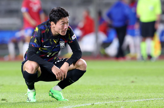 Hwang Ui-jo reacts during a game against Costa Rica at Goyang Stadium in Goyang, Gyeonggi on Friday.  [NEWS1]