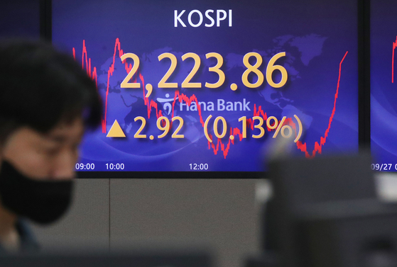 A screen in Hana Bank's trading room in central Seoul shows the Kospi closing at 2,223.86 points on Tuesday, up 2.92 points, or 0.13 percent, from the previous trading day. [NEWS1]