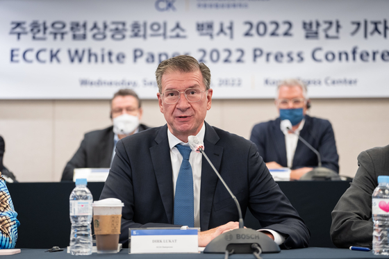 Dirk Lukat, chairperson of the European Chamber of Commerce in Korea, speaks during a press conference on the "ECCK White Paper 2022" held at the Korea Press Center in central Seoul, Wednesday. [ECCK]