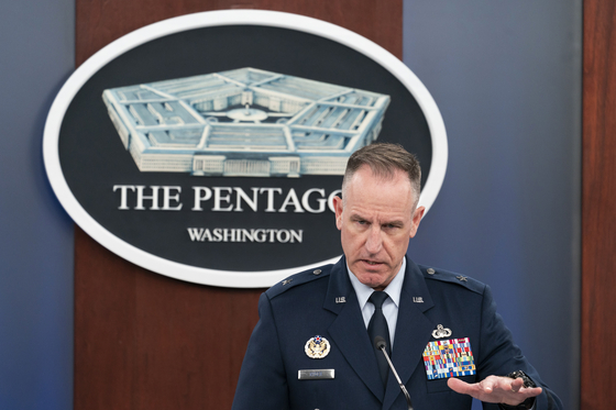 Pentagon spokesman U.S. Air Force Brig. Gen. Patrick Ryder speaks during a media briefing at the Pentagon in Washington D.C. on Tuesday. [AP/YONHAP]