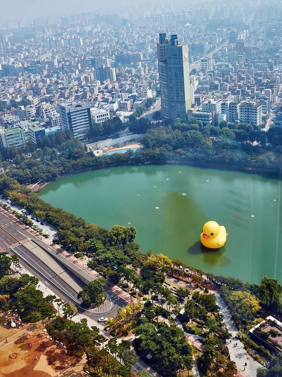 The large inflatable rubber duck seen from a bird's-eye view [LOTTE]