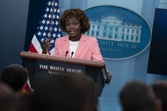 White House press secretary Karine Jean-Pierre speaks during a briefing at the White House in Washington D.C. on Wednesday. [AP]