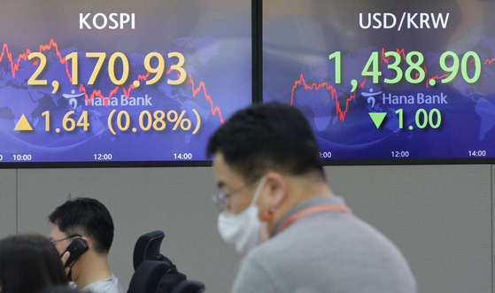 A screen in Hana Bank's trading room in central Seoul shows the Kospi closing at 2,170.93 points on Thursday, up 1.64 points, or 0.08 percent, from the previous trading day. [YONHAP]