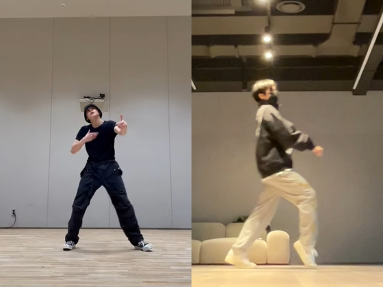 K-pop idols Yeonjun of Tomorrow X Together, left, and Jisung of NCT Dream participate in the "New Thing" challenge. [SCREEN CAPTURE]