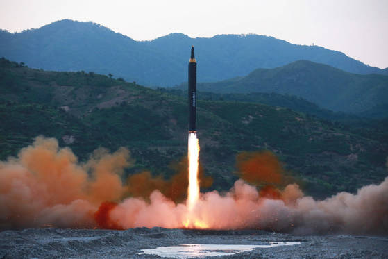 A photo of the Hwasong-12 intermediate-range ballistic missile (IRBM) released by Pyongyang's Korean Central News Agency (KCNA) following a test in May 2017. The IRBM fired on Tuesday morning was likely the same type, according to experts. [YONHAP]