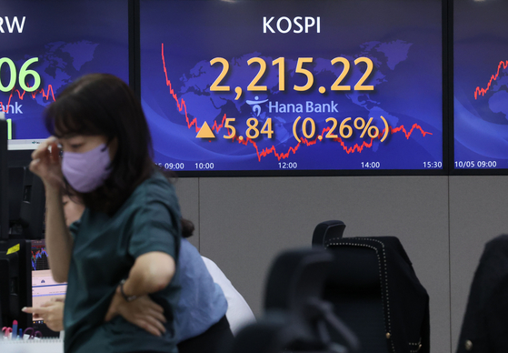 A screen in Hana Bank's trading room in central Seoul shows the Kospi closing at 2,215.22 points on Wednesday, up 5.84 points, or 0.26 percent, from the previous trading day. [YONHAP]