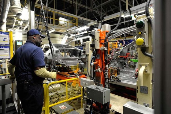 A Hyundai Motor employee works at the company's assembly plant in Montgomery, Alabama. [HYUNDAI MOTOR]
