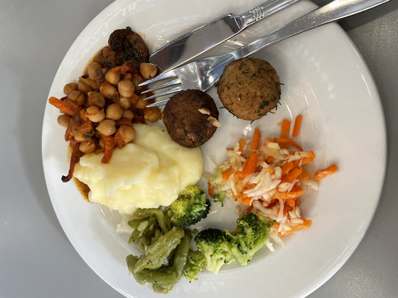 A plate of school meal at the Viikki Teacher Training School in Helsinki, Finland, on Wednesday. [ESTHER CHUNG]