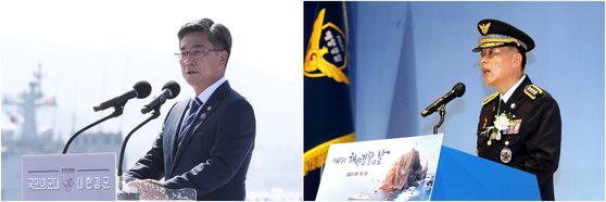 Prosecutors have requested arrest warrants for former Defense Minister Suh Wook, left, and former Coast Guard Commissioner General Kim Hong-hee, right, on charges of evidence tampering and fabricating information in relation to the killing of a South Korean fisheries official by North Korean soldiers in September 2020. [YONHAP]