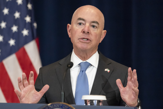 Homeland Security Secretary Alejandro Mayorkas speaks during a news conference during the U.S.-Mexico High-Level Security Dialogue at the State Department on Oct. 13. in Washington. [AP/YONHAP]