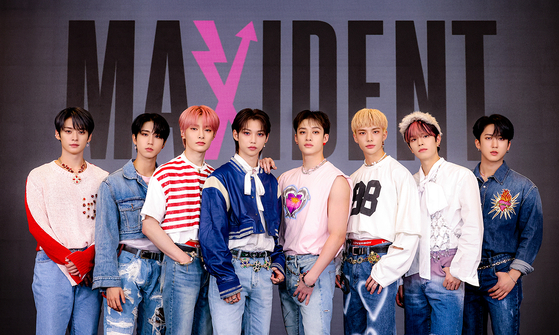 Stray Kids during the online press conference for "Maxident" [JYP ENTERTAINMENT]