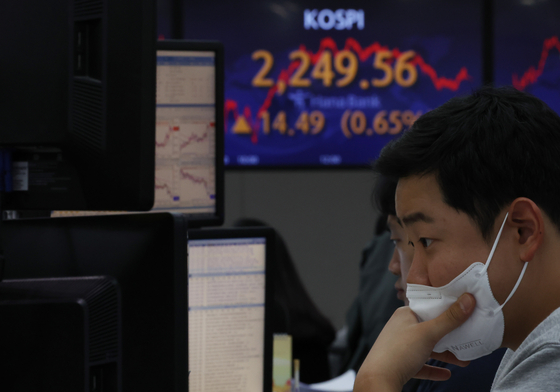 A screen in Hana Bank's trading room in central Seoul shows the Kospi closing at 2.249.56 points on Wednesday, up 14.49 points, or 0.65 percent, from the previous trading day. [YONHAP]