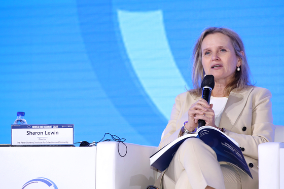 Sharon Lewin, director of the Peter Doherty Institute for Infection and Immunity, speaks at the World Bio Summit 2022 on Wednesday. [WORLD BIO SUMMIT]