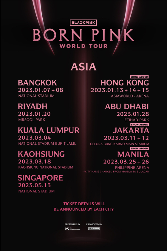 The poster for Blackpink's Asia tour next year, including the added dates [YG ENTERTAINMENT]
