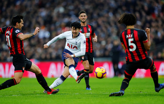 Tottenham's Son Heung-min scores a goal against Bournemouth on Dec. 26, 2018.  [REUTERS/YONHAP]
