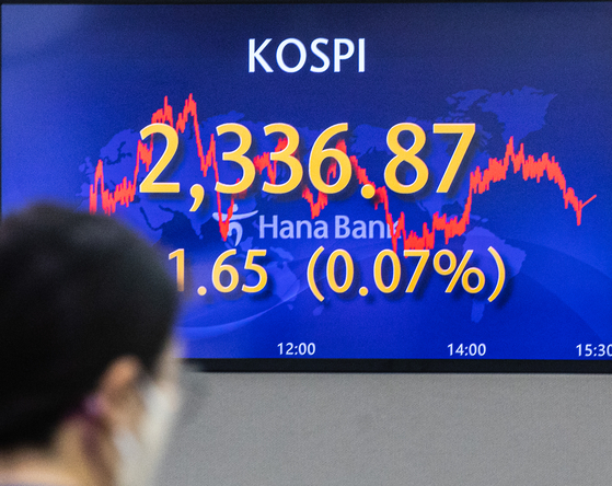 A screen in Hana Bank's trading room in central Seoul shows the Kospi closing at 2,336.87 points on Wednesday, up 1.65 points, or 0.07 percent, from the previous trading day. [YONHAP]