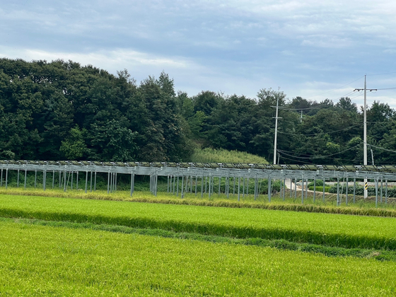 A solar farm in South Gyeongsang. the government has announced of lowering the ratio of solar energy while increeasing wind energy contribution. [YONHAP]