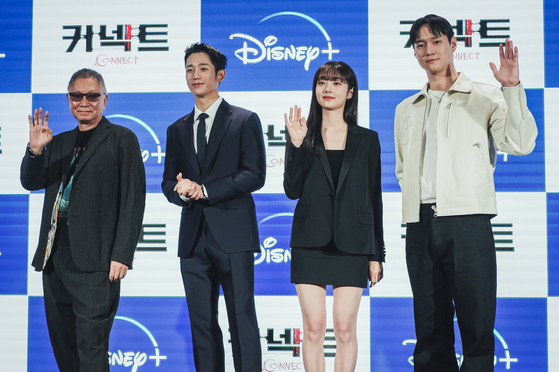 From left, Japanese director Takashi Miike, actors Jung Hae-in, Kim Hye-jun and Ko Kyoung-pyo, during a screening of the Disney+ original series ″Connect″ at the Busan International Film Festival on Oct. 7. [WALT DISNEY COMPANY KOREA]