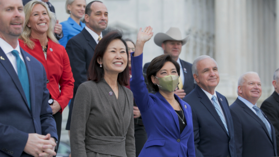 "Chosen" captures Congresswomen Michelle Park Steel, left, and Young Kim, waving to the cameras after the swearing-in ceremony of the newly elected Congress in 2020. [CONNECT PICTURES]