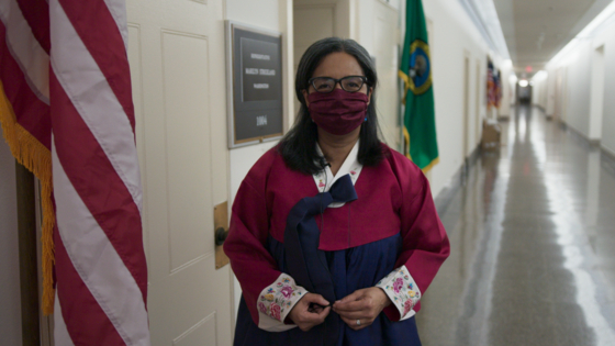 Congresswoman Marilyn Strickland representing Washington's 10th congressional district was sworn into Congress wearing hanbok, otherwise known as Korean traditional dress, in 2020. [CONNECT PICTURES]