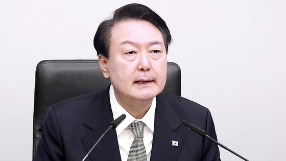 President Yoon Suk-yeol speaks in a meeting held on Monday at the Yongsan presidential office. [PRESIDENTIAL OFFICE]