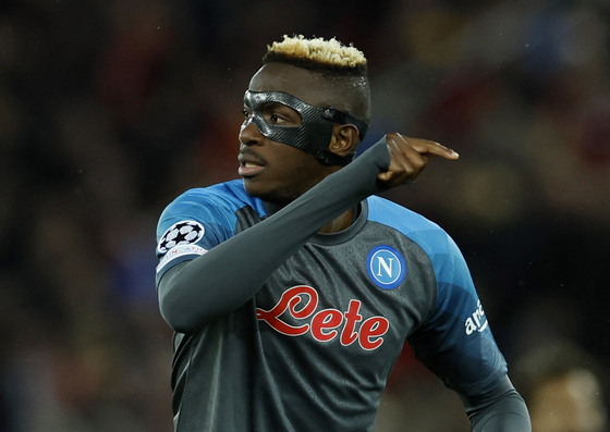 Napoli's Victor Osimhen reacts during a game against Liverpool on Nov. 1 [REUTERS/YONHAP]