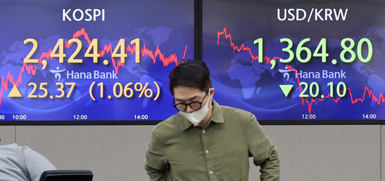 A screen in Hana Bank's trading room in central Seoul shows the Kospi closing at 2,399.04 points on Wednesday, up 25.37 points, or 1.06 percent, from the previous trading day. [YONHAP]
