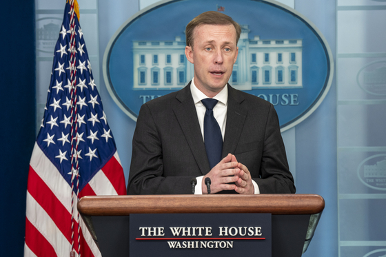 White House National Security Advisor Jake Sullivan speaks during a press briefing at the White House in Washington, DC on Thursday. [AP]