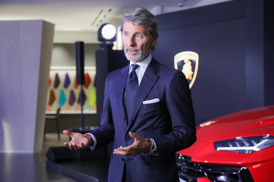 Automobili Lamborghini Chairman and CEO Stephan Winkelmann talks during an interview with the Korea JoongAng Daily on Nov. 9 at the carmaker’s showroom in Gangnam District, southern Seoul. [AUTOMOBILI LAMBORGHINI]