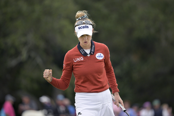 Nelly Korda reacts after sinking a birdie putt on the 17th green during the final round of the LPGA Pelican Women's Championship golf tournament at Pelican Golf Club on Sunday in Belleair, Florida. [AP/YONHAP]