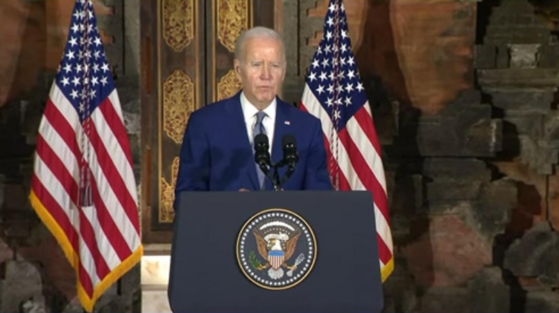 U.S. President Joe Biden is seen answering a question during a press conference held in Bali, Indonesia, on Monday. [SCREEN CAPTURE]
