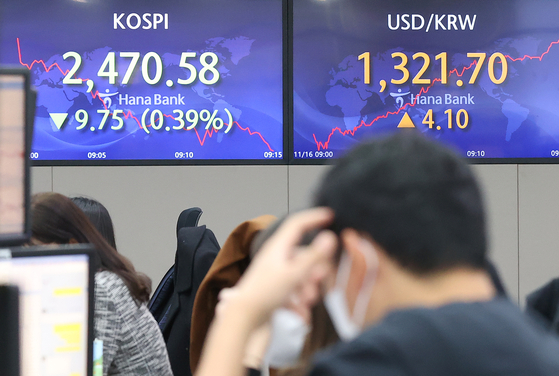 Electronic display boards at Hana Bank in central Seoul show stock and foreign exchange markets on Wednesday morning. [YONHAP]
