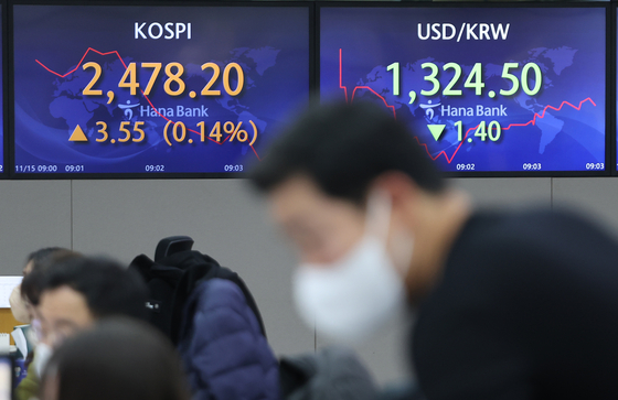 Electronic display boards at Hana Bank in central Seoul show stock and foreign exchange markets on Tuesday morning. [YONHAP]