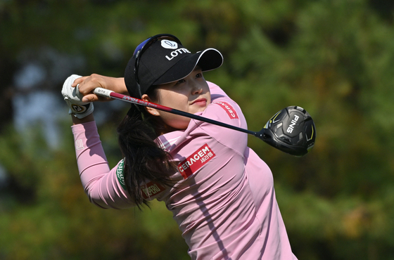 Choi Hye-jin tees off on the third hole during the third round of the BMW Ladies Championship golf tournament at Oak Valley Country Club in Wonju on Oct. 22. [AFP/YONHAP]