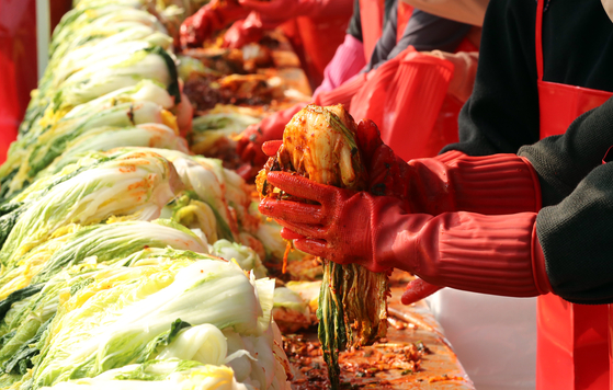 Volunteers make kimchi during a charity event for the elderly at a festival in Cheongju, North Chungcheong on Nov.1. [YONHAP]