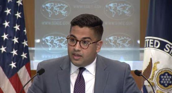 Vedant Patel, principal deputy spokesperson for the U.S. state department, is seen answering a question during a daily press briefing at the department in Washington on Nov. 16, 2022. [YONHAP]