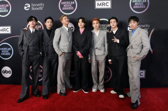 BTS at the 2021 American Music Awards ceremony at the Microsoft Theater in Los Angeles on Nov. 22, 2021. [BIG HIT MUSIC]