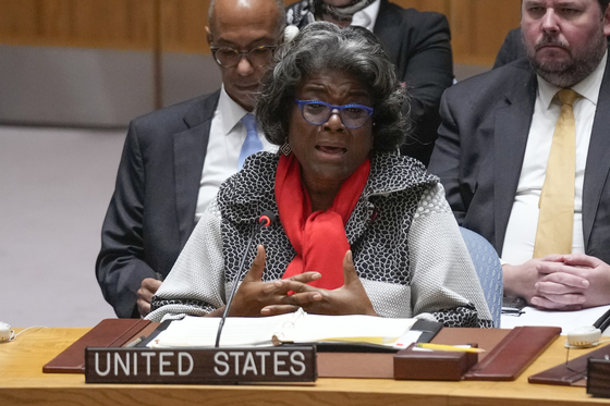 United States Ambassador to the United Nations Linda Thomas-Greenfield speaks during a meeting of the Security Council at UN headquarters on Monday [AP/YONHAP]