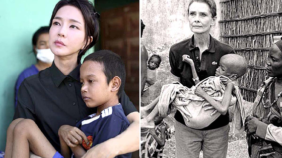 Korean first lady Kim Keon-hee, left, holds a Cambodian child with congenital heart disease in Phnom Penh on Nov. 12. Audrey Hepburn holds a child during a visit to a Unicef-assisted feeding center in Baidoa, Somalia, in 1992. [PRESIDENTIAL OFFICE/UNICEF]