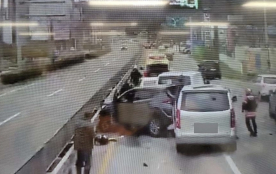 Vehicles are seen after a collision that occurred Tuesday in Gangneung, Gangwon. [SCREEN CAPTURE]